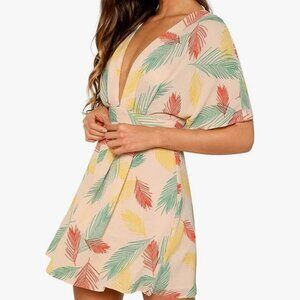 Women's Tropical Floral Plunging V Neck Tie Open Back Summer Short Dress